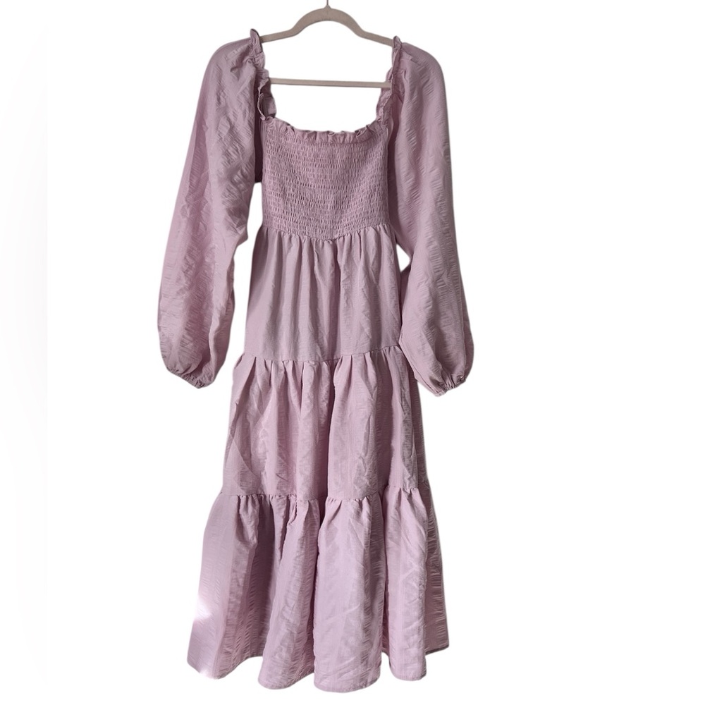 Urban Outfitters Pale Pink Gabriella Smocked‎ Tiered Midi Dress Long Sleeves SM - Picture 2 of 7